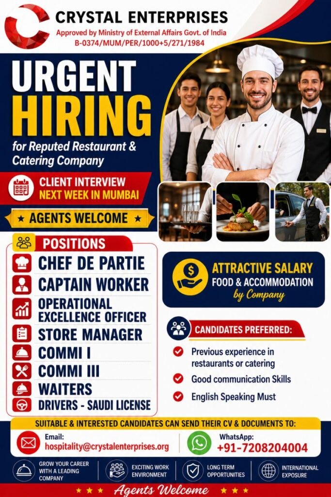 Urgent Hiring for Reputed Restaurant & Catering Company | Saudi Arabia Urgent Hiring for Reputed Restaurant & Catering Company | Saudi Arabia