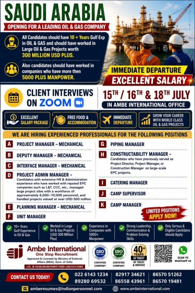 Saudi Arabia Hiring | Immediate Departure | Oil & Gas Professionals Wanted