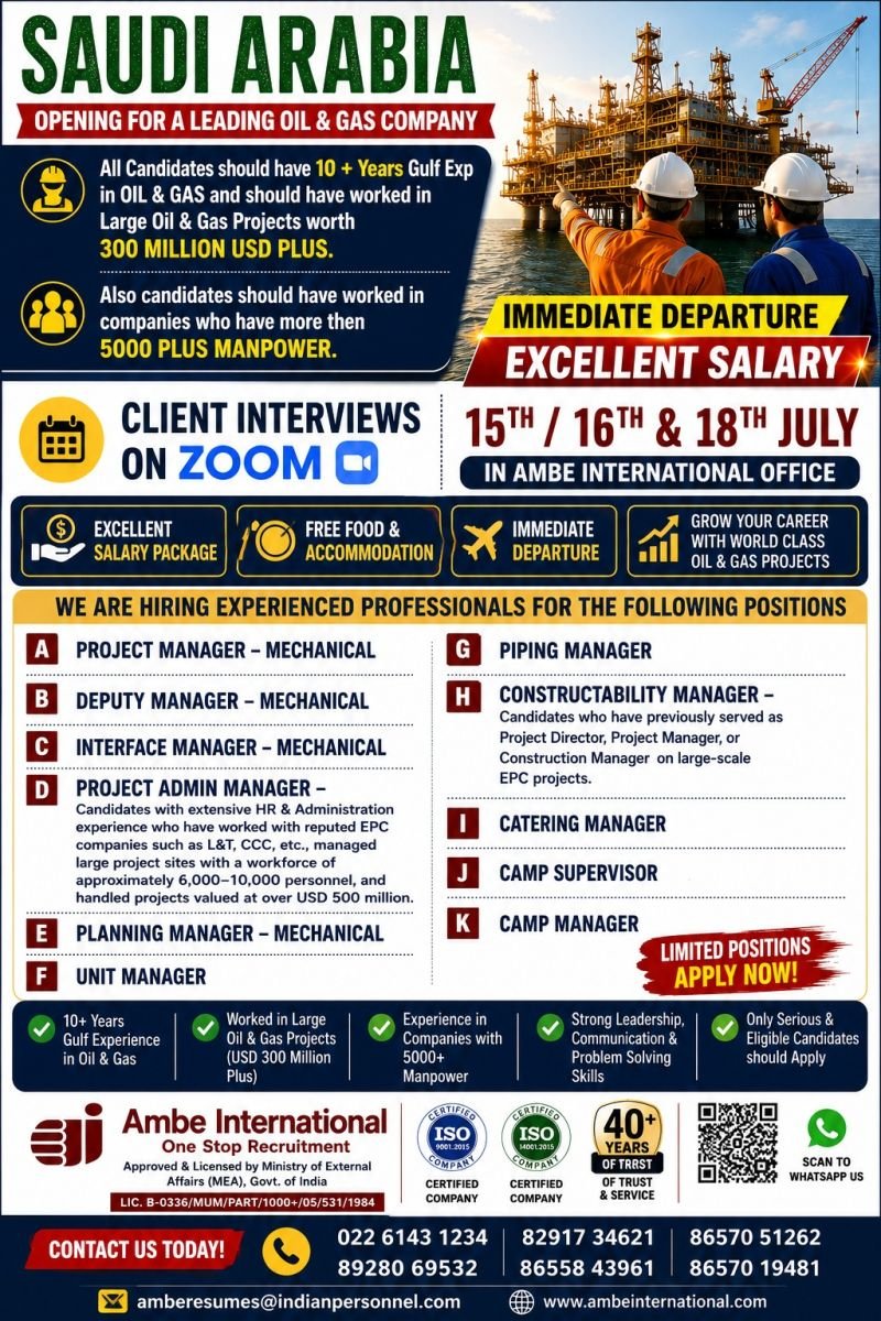 Saudi Arabia Hiring | Immediate Departure | Oil & Gas Professionals Wanted