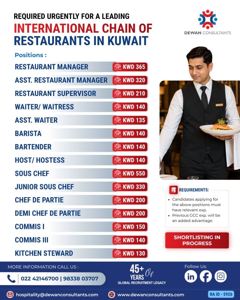 hospitality career in Kuwait - hiring for a leading International Chain of Restaurants