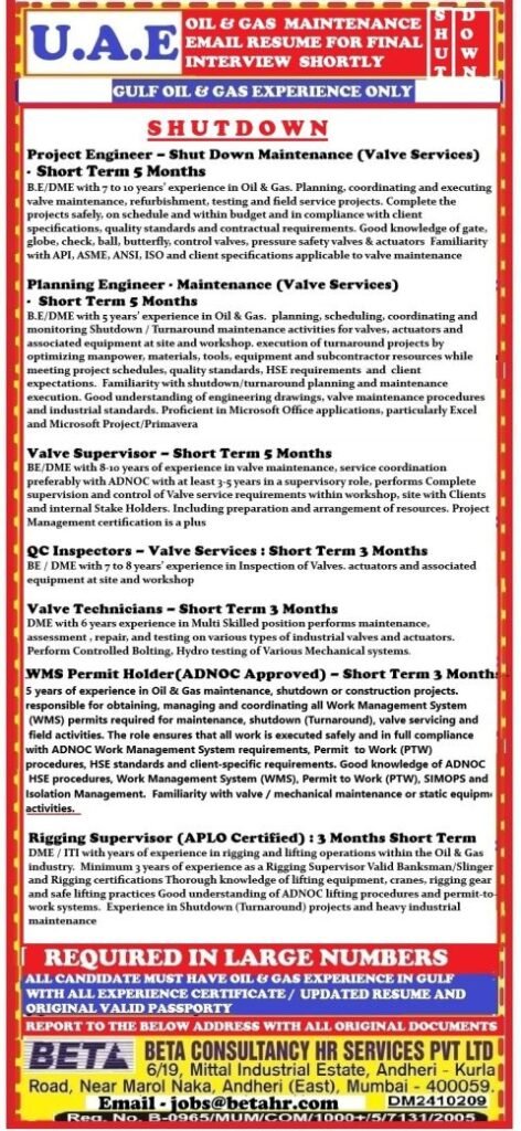 UAE - Oil & Gas Maintenance Jobs - Apply Now UAE - Oil & Gas Maintenance Jobs - Apply Now