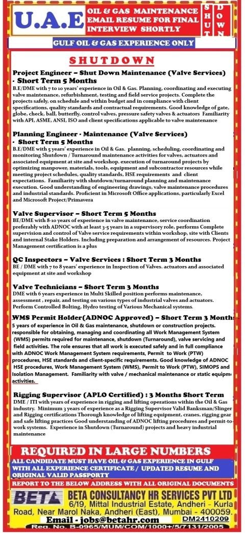 UAE - Oil & Gas Maintenance Jobs - Apply Now