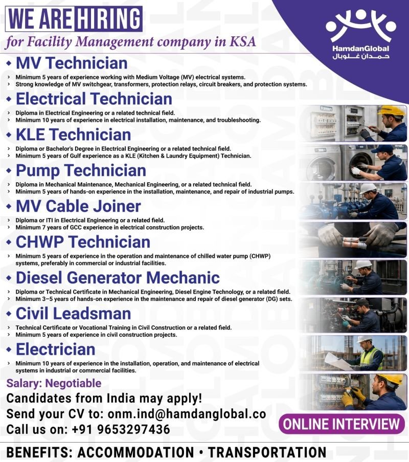 hiring Urgent for a Facility Management company in Saudi Arabia