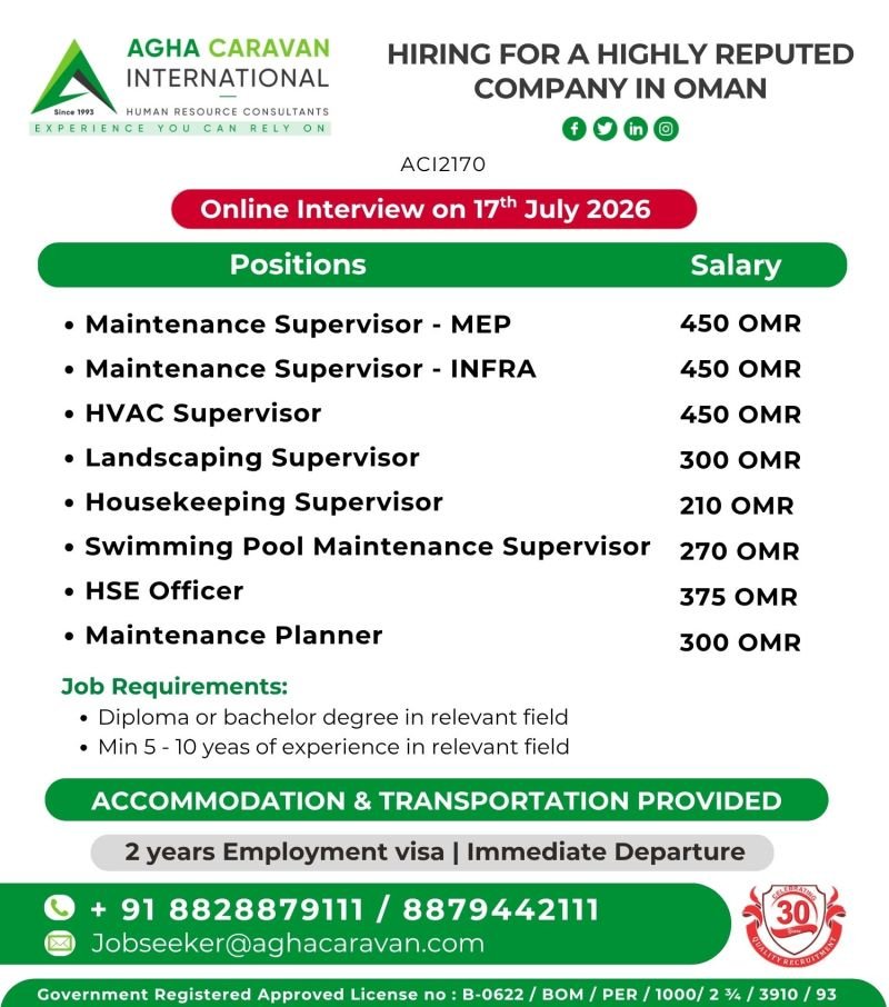 Oman Facility Management Jobs 2026 | Online Interview