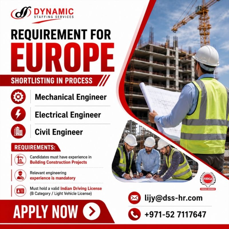 Europe Engineering Jobs 2026 | Mechanical Engineer, Electrical Engineer & Civil Engineer Vacancies