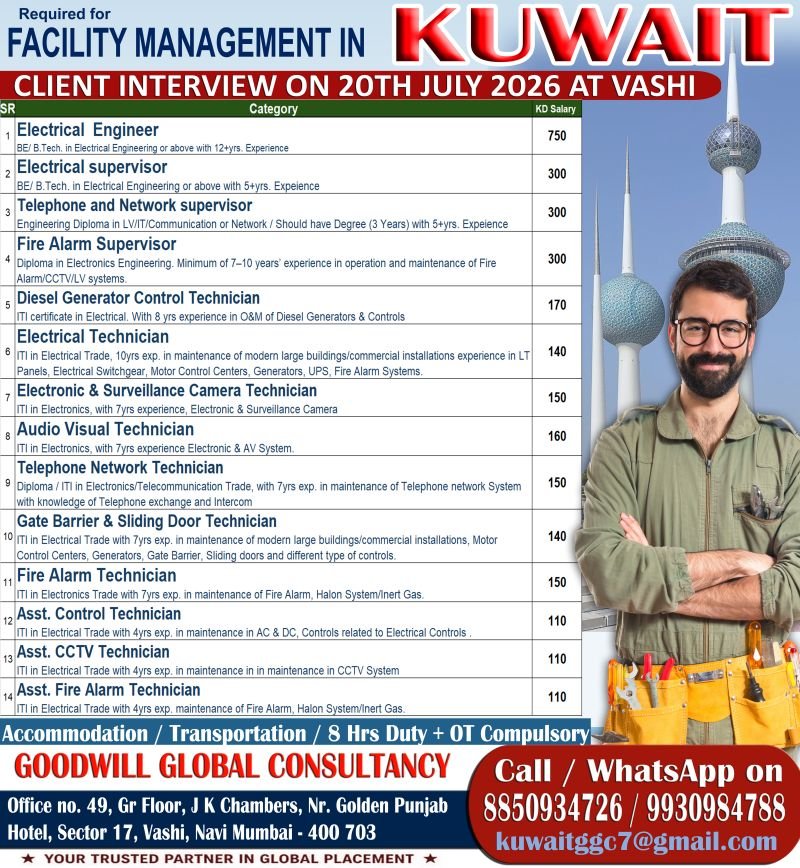 Kuwait Facility Management Jobs 2026 | Electrical Engineer, Fire Alarm Technician, CCTV Technician & More Kuwait Facility Management Jobs 2026 | Electrical Engineer, Fire Alarm Technician, CCTV Technician & More