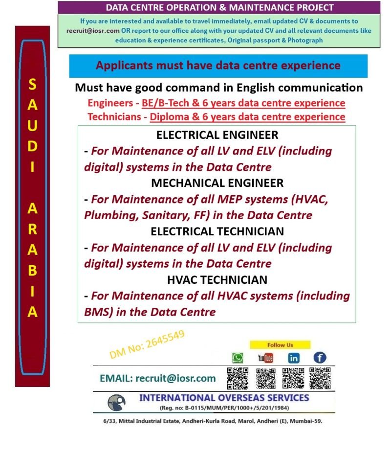 Saudi Arabia Data Centre Operation & Maintenance Jobs 2026 