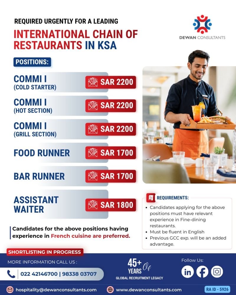 Saudi Arabia : hiring for a leading International Chain of Restaurants 
