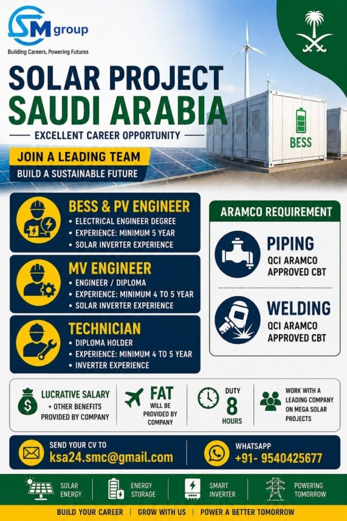 Hiring for a Mega Solar Project in Saudi Arabia Hiring for a Mega Solar Project in Saudi Arabia
