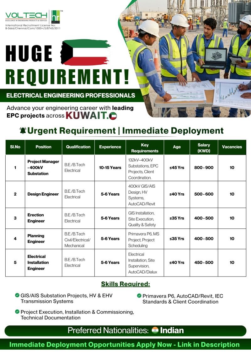 Kuwait Electrical Engineering Jobs 2026 | EPC Substation Project | Apply Now