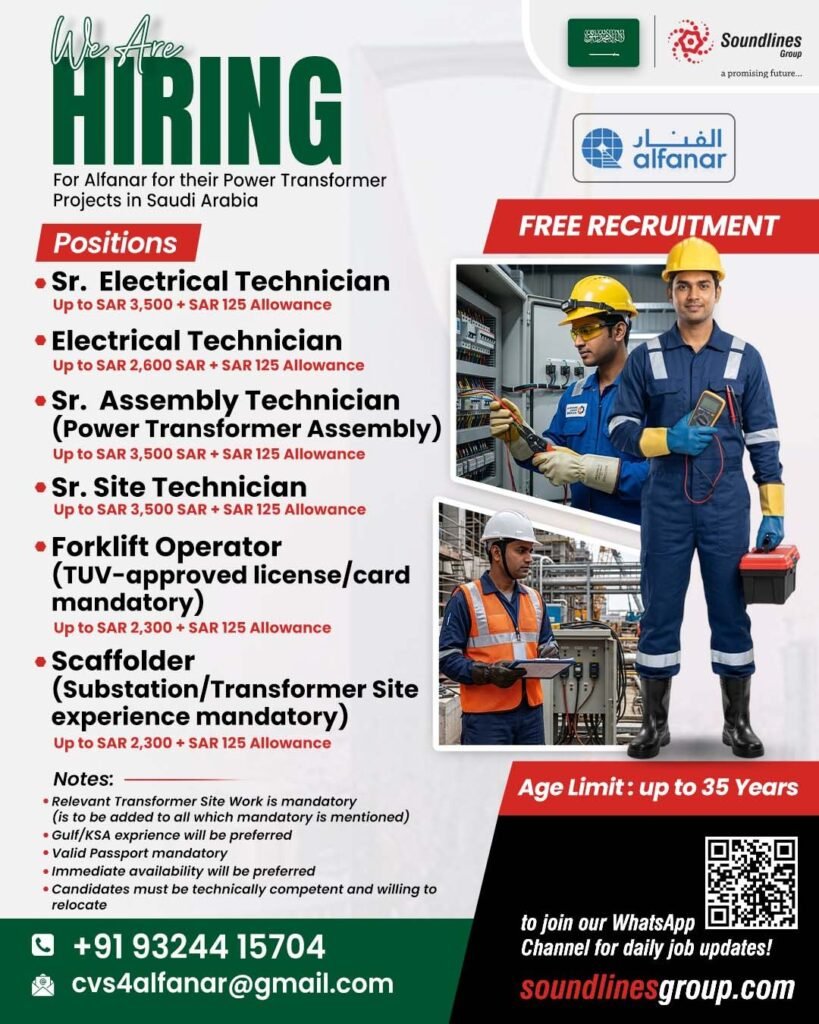 Hiring For Alfanar for their Power Transformer Projects in Saudi Arabia