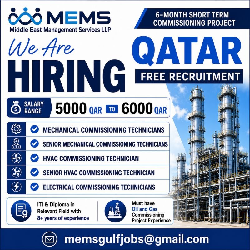 Hiring for Qatar - Free Recruitment for a 6-Month Commissioning Project. Hiring for Qatar - Free Recruitment for a 6-Month Commissioning Project.
