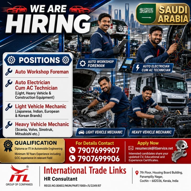 Hiring Automobile Professionals for a leading Automotive Workshop in Saudi Arabia.