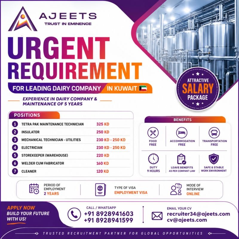 Urgent Hiring for Leading Dairy Company | Kuwait Urgent Hiring for Leading Dairy Company | Kuwait