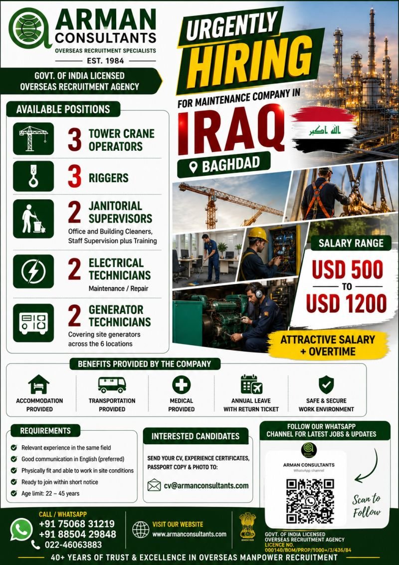 Iraq - Hiring skilled professionals for a reputed maintenance company in Baghdad