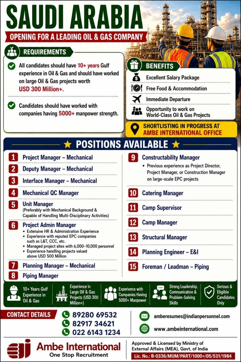 Urgent Hiring for a Leading Oil & Gas Company – Saudi Arabia 