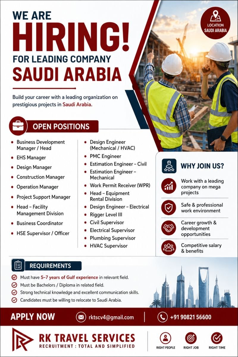 Hiring for Leading Company – Saudi Arabia
