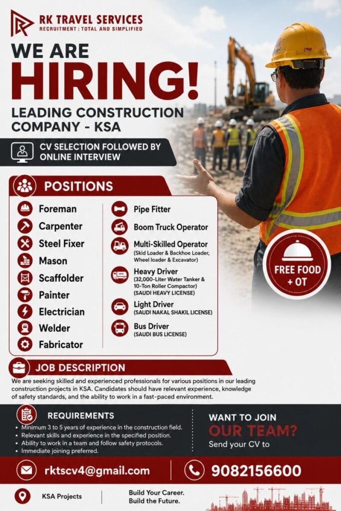 Hiring for a Leading Construction Company – Saudi Arabia Hiring for a Leading Construction Company – Saudi Arabia