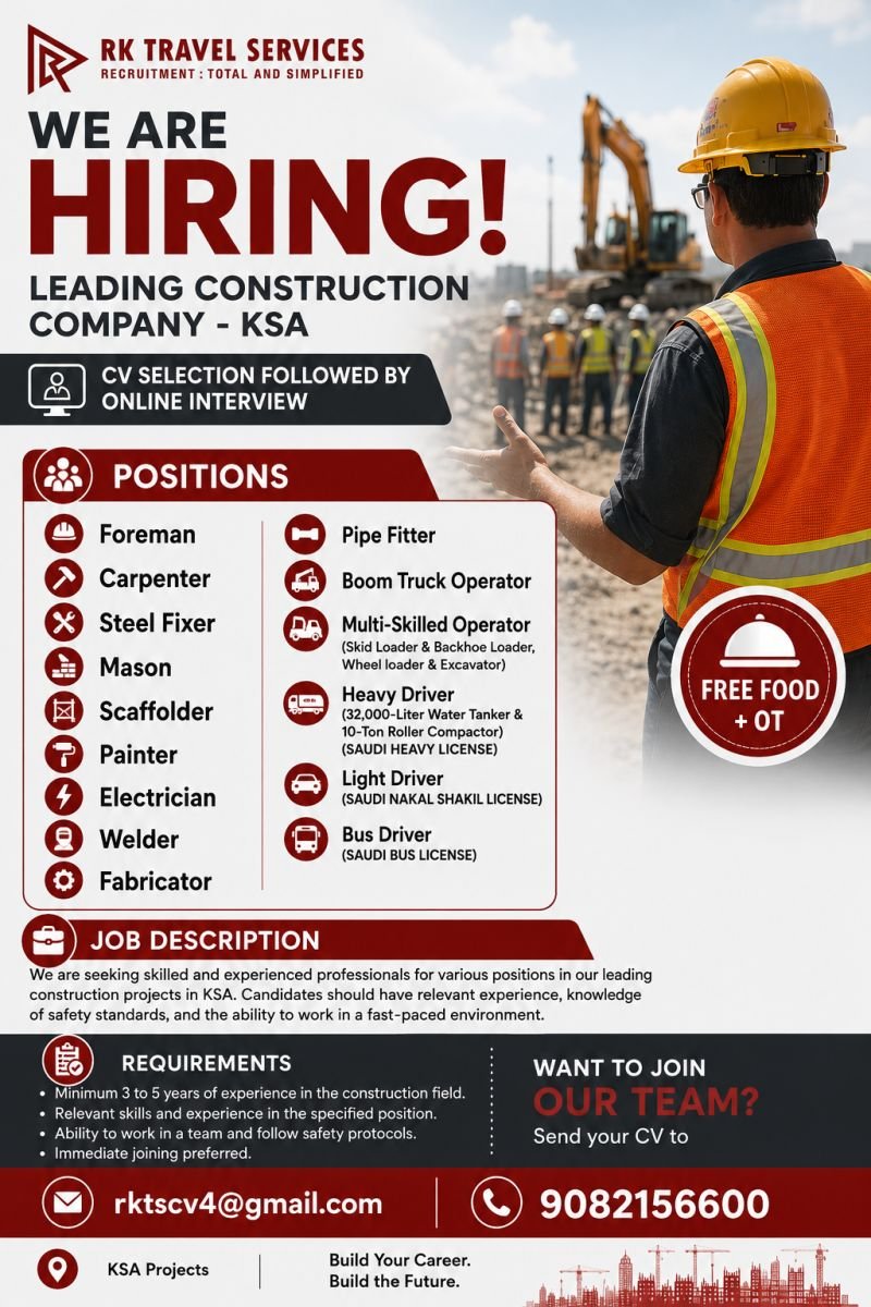 Hiring for a Leading Construction Company – Saudi Arabia