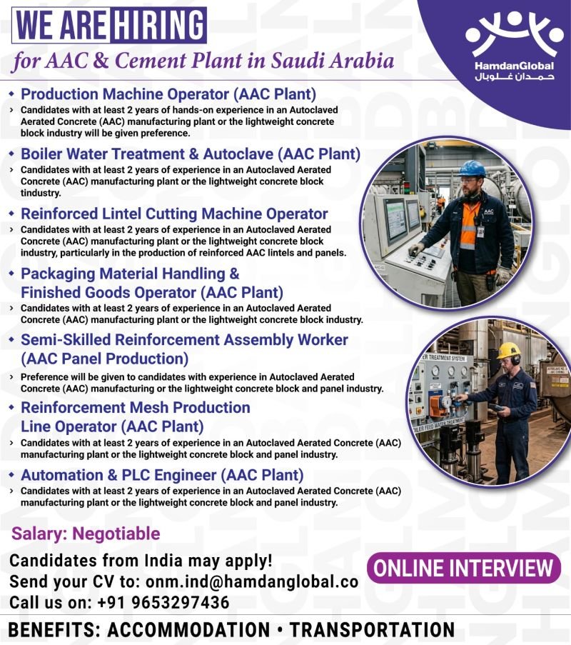hiring for AAC & Cement Plant in Saudi Arabia