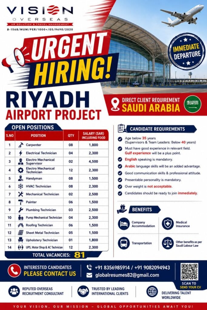 Riyadh Airport Project Jobs 2026 | Saudi Arabia Airport Recruitment | Apply Now