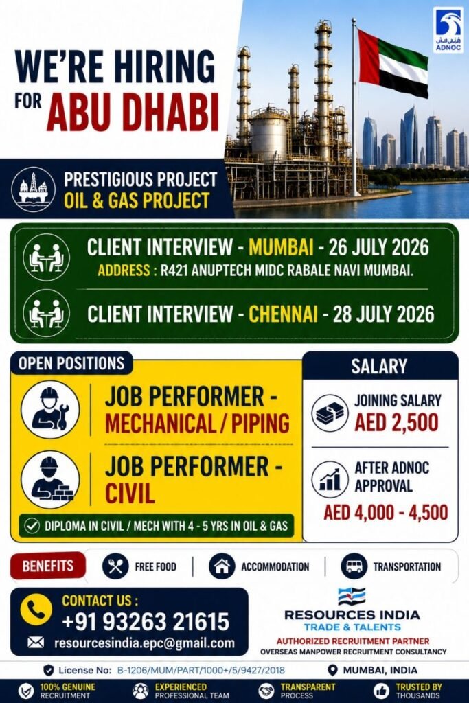 Abu Dhabi Oil & Gas Jobs 2026 | Mechanical, Piping & Civil Job Performer Vacancies Abu Dhabi Oil & Gas Jobs 2026 | Mechanical, Piping & Civil Job Performer Vacancies