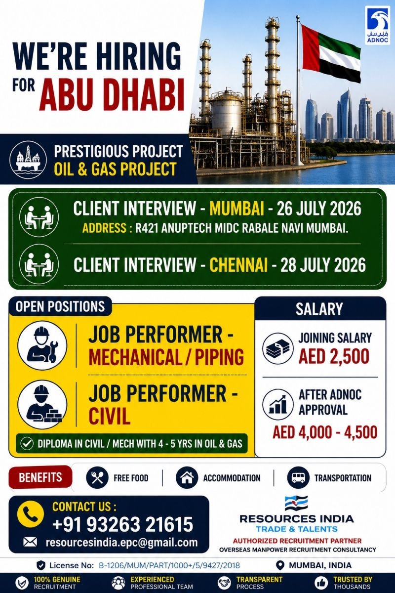 Abu Dhabi Oil & Gas Jobs 2026 | Mechanical, Piping & Civil Job Performer Vacancies