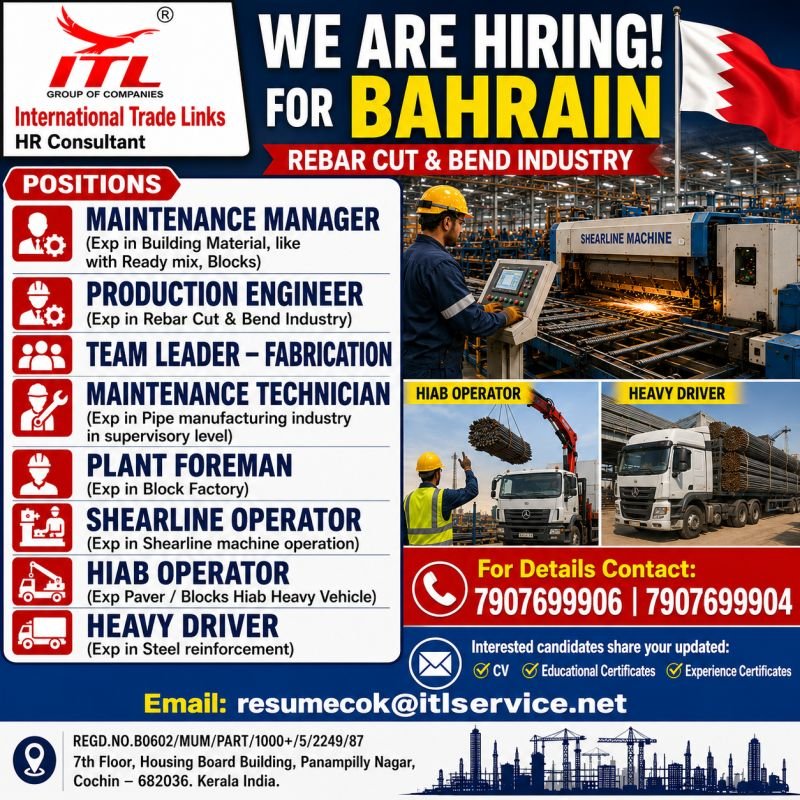 Hiring for a Leading Rebar Cut & Bend Industry in Bahrain