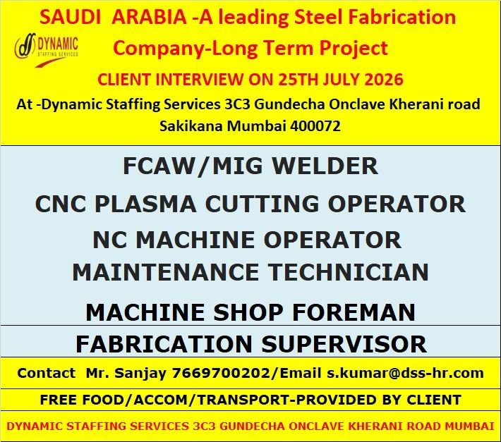 Urgent hiring for a Leading Fabrication Company for Long Term Project -Saudi Arabia