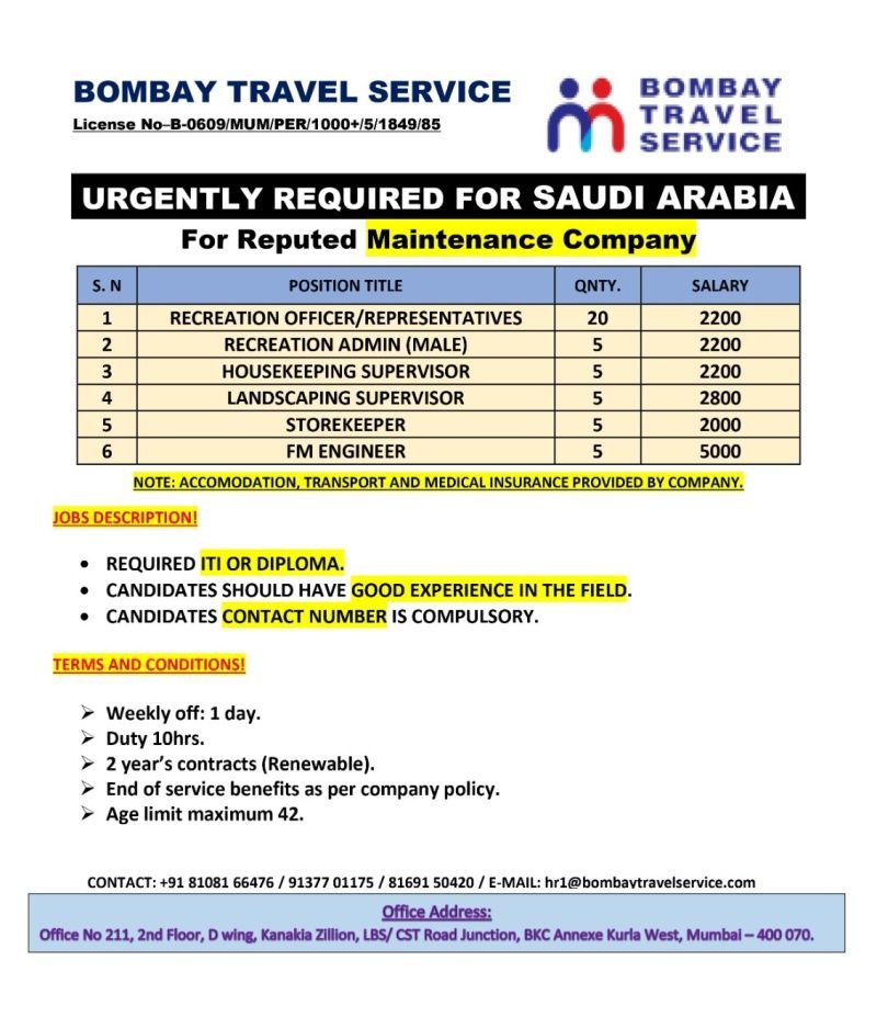 Urgent Hiring for a Reputed Operation & Maintenance Company – Saudi Arabia Urgent Hiring for a Reputed Operation & Maintenance Company – Saudi Arabia