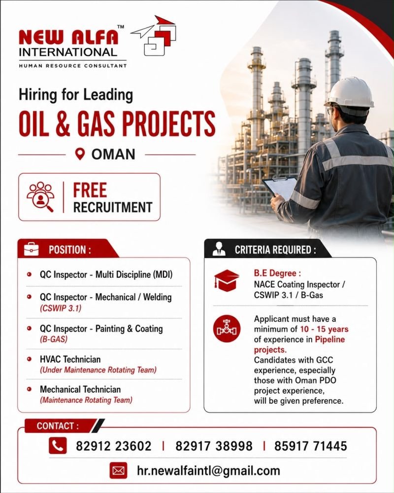 Oman Oil & Gas Jobs 2026 | Free Recruitment | Hiring for Pipeline & Maintenance Projects