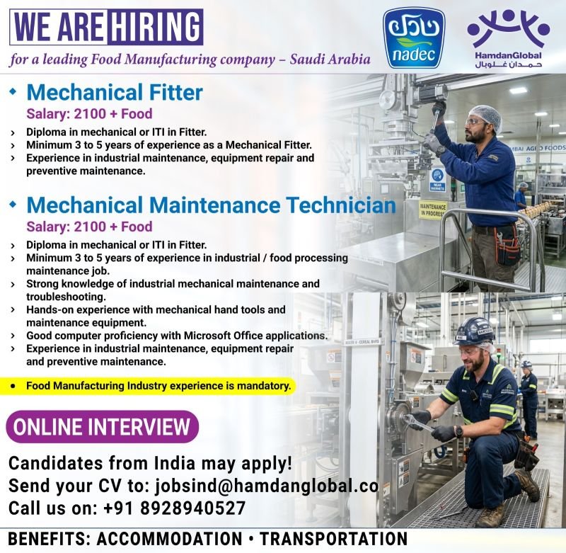 hiring for a leading Food Manufacturing Company - Saudi Arabia