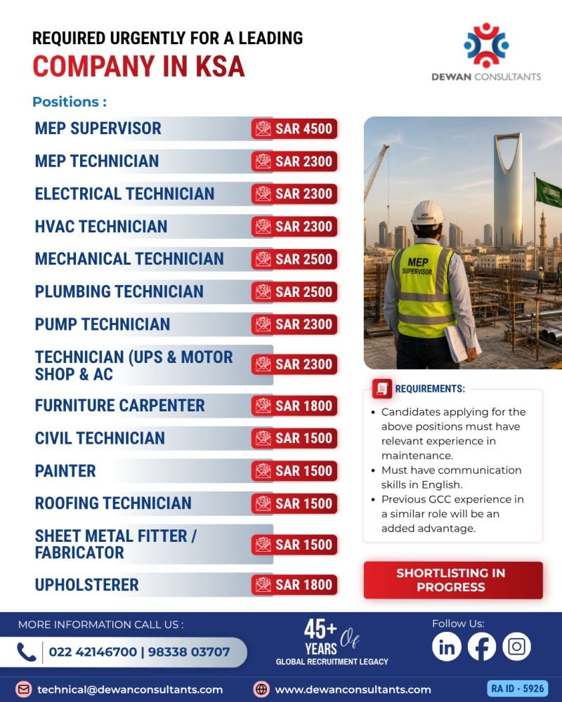 Saudi Arabia Maintenance Jobs 2026 | Apply Now