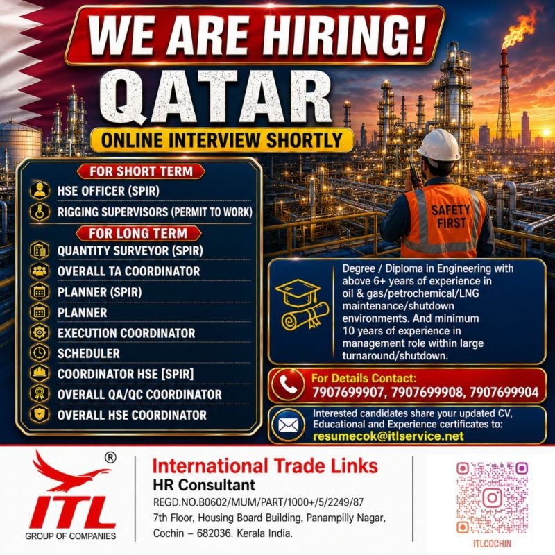 Hiring for Oil & Gas Plant – Qatar | Online Interview Shortly