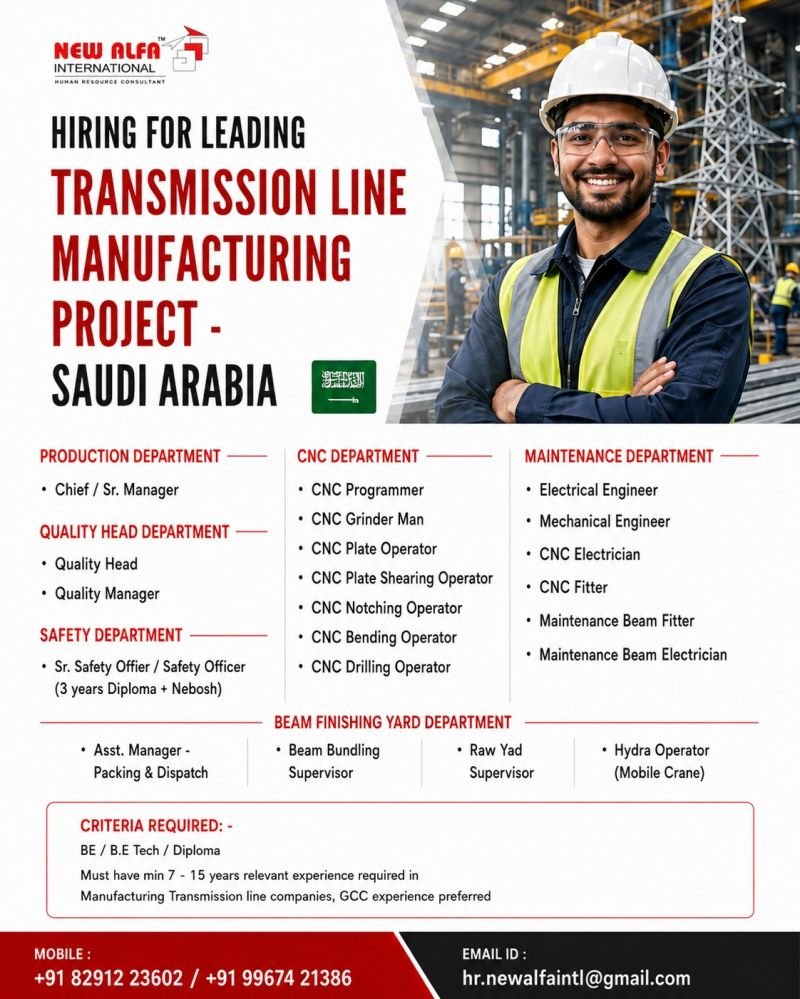 Saudi Arabia Transmission Line Manufacturing Project Jobs 2026 | Apply Now