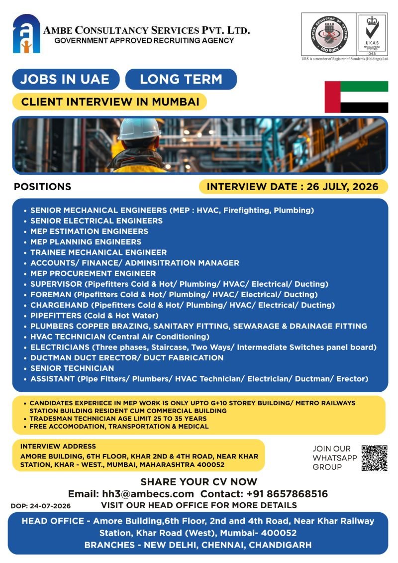 UAE MEP Jobs 2026 | Long-Term MEP Engineering & Technician Vacancies