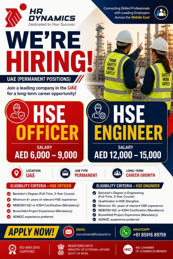 UAE HSE Officer & HSE Engineer Jobs 2026 | Permanent UAE Jobs with Salary up to AED 15,000 UAE HSE Officer & HSE Engineer Jobs 2026 | Permanent UAE Jobs with Salary up to AED 15,000