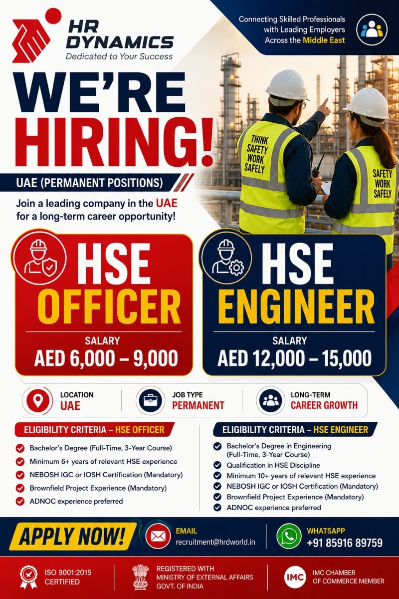 UAE HSE Officer & HSE Engineer Jobs 2026 | Permanent UAE Jobs with Salary up to AED 15,000