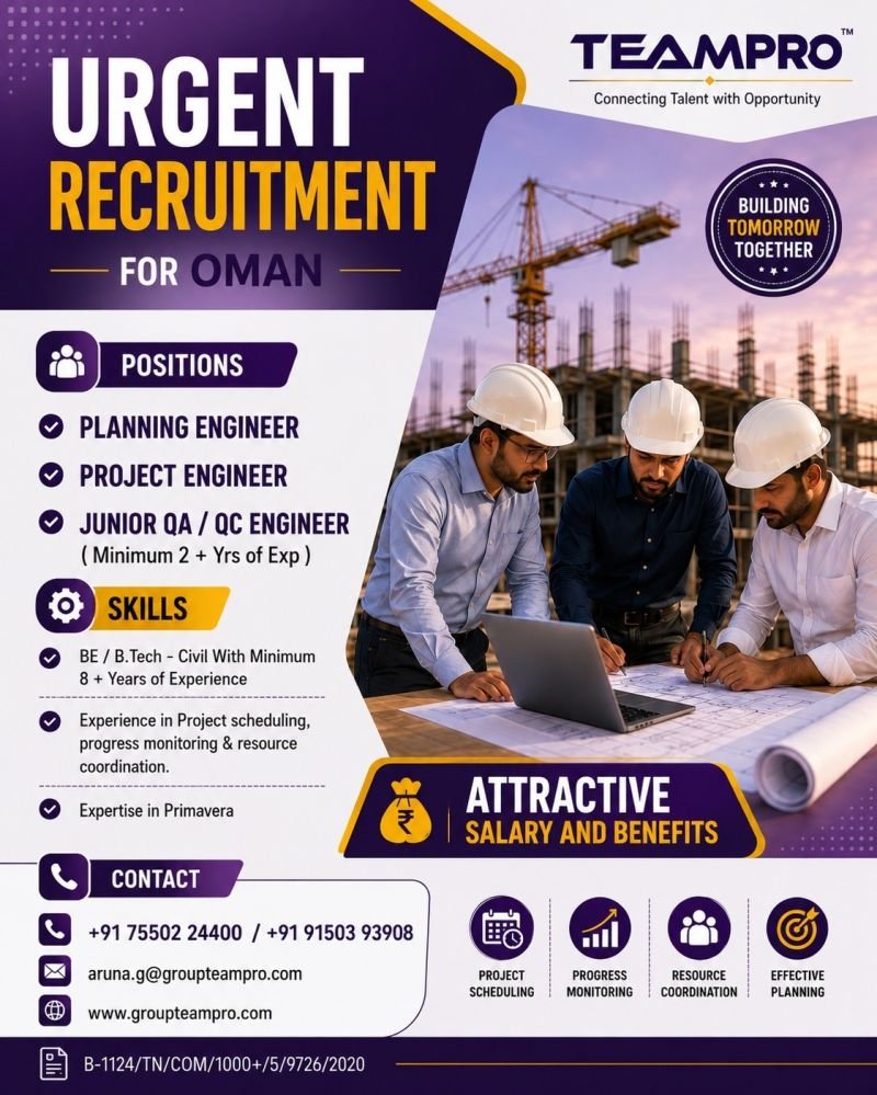 Urgent Recruitment for Oman | Civil Engineering Jobs