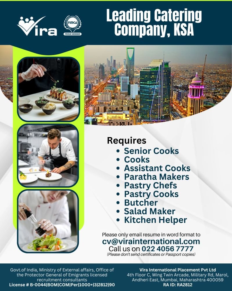 Saudi Arabia : Hiring For A leading catering company in KSA 
