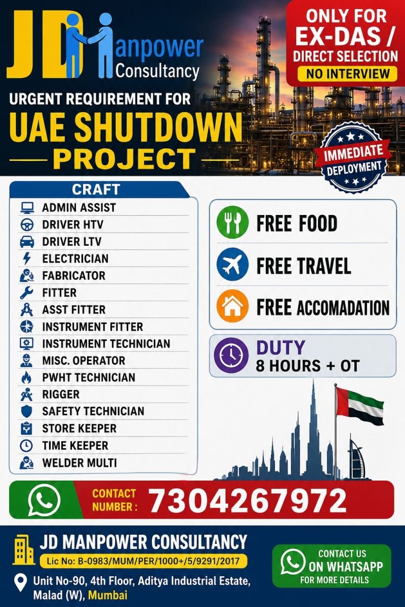 UAE Shutdown Project Jobs 2026 | Immediate Deployment