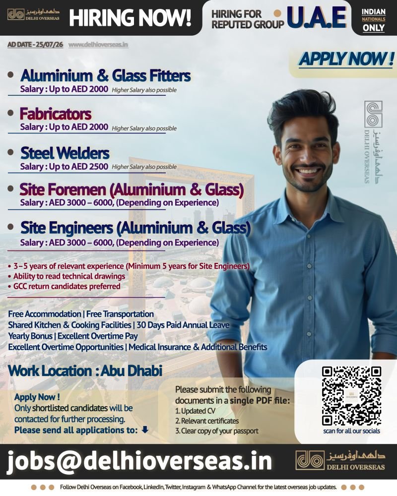 Abu Dhabi UAE Jobs 2026 | Aluminium & Glass Fitters, Fabricators, Welders, Site Engineers & Foremen | Apply Now Abu Dhabi UAE Jobs 2026 | Aluminium & Glass Fitters, Fabricators, Welders, Site Engineers & Foremen | Apply Now