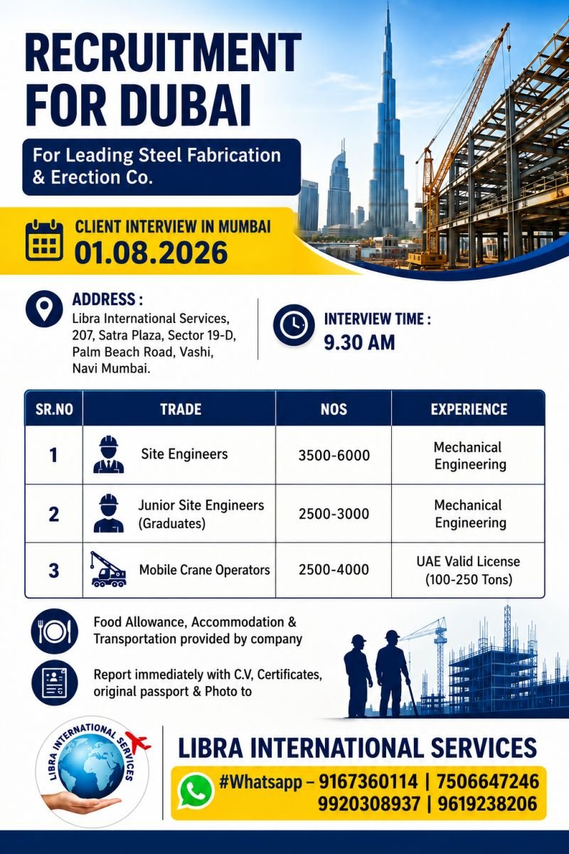 Hiring for Dubai Leading Steel Fabrication & Erection Company