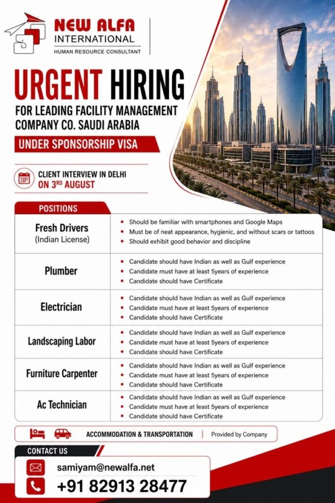 Urgent Hiring for a Leading Facility Management Company in Saudi Arabia