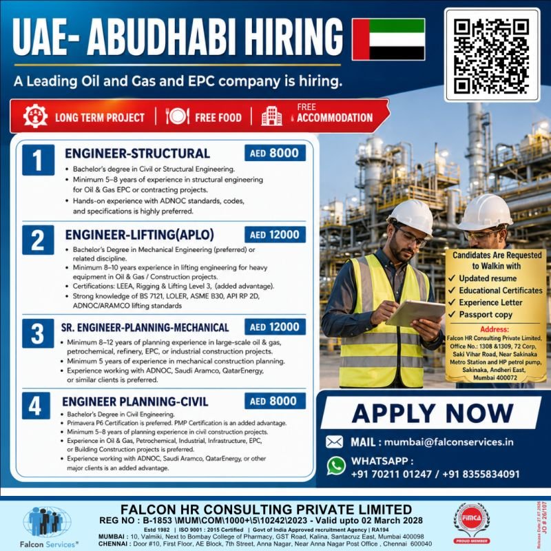 UAE Abu Dhabi Oil & Gas Jobs 2026| Free Recruitment | Apply Now