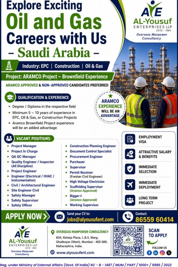 Saudi Arabia Oil & Gas Jobs 2026 | Aramco Brownfield Project | Apply Now