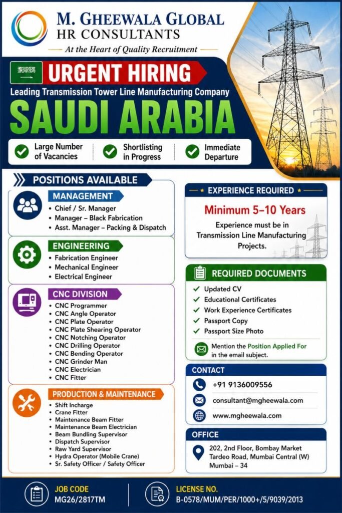 Saudi Arabia Transmission Tower Line Manufacturing Company Jobs 2026 | Free Recruitment 
