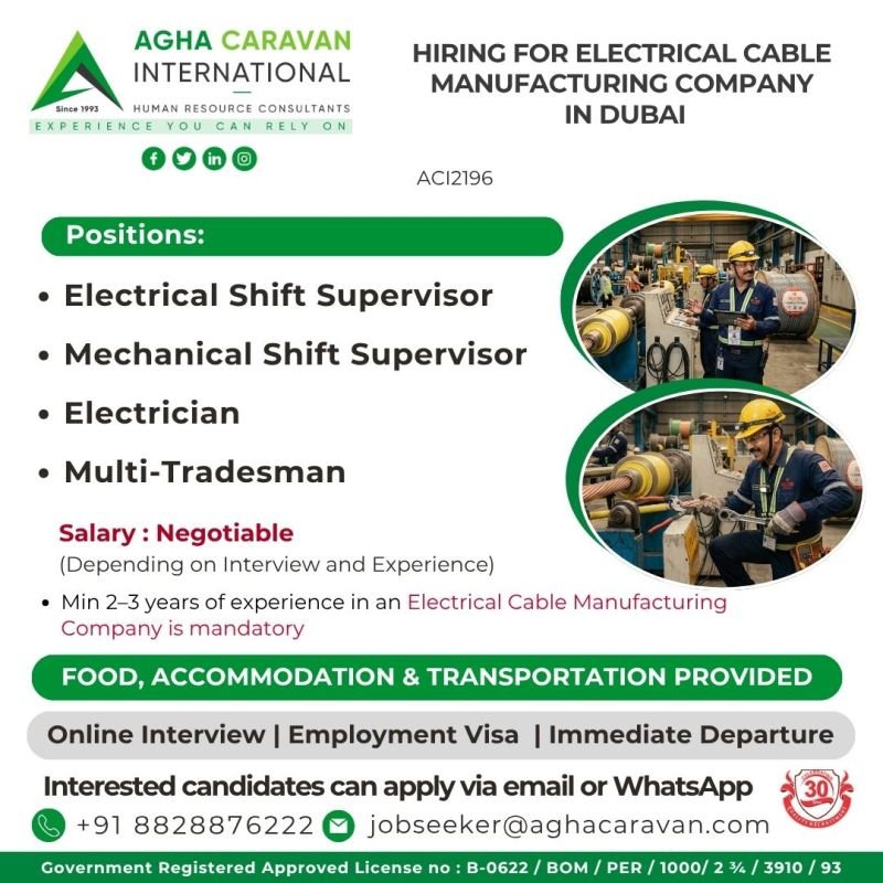 Hiring for Electrical Cable Manufacturing Company in Dubai | Electrical & Mechanical Jobs