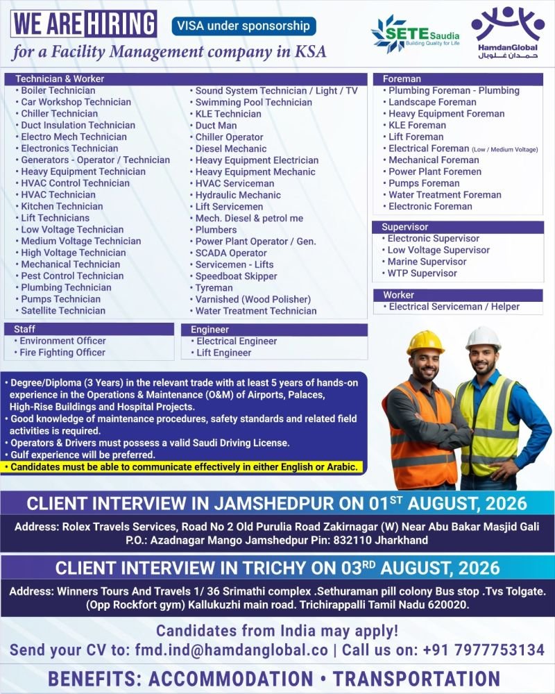 Urgent hiring for a Facility Management Company in Saudi Arabia