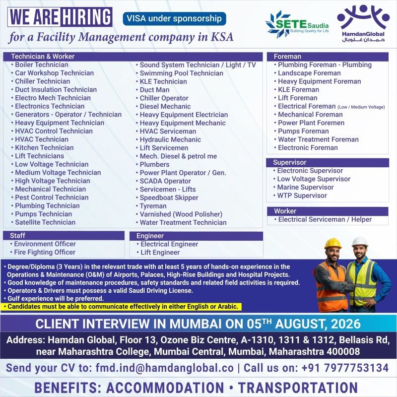 hiring for a Facility Management Company in Saudi Arabia